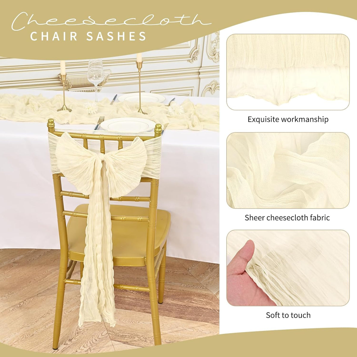 50 PCS Cheesecloth Chair Sashes, Bows Designed ChairSashes, 15.7x108 inch Chair Sashes for Aisle