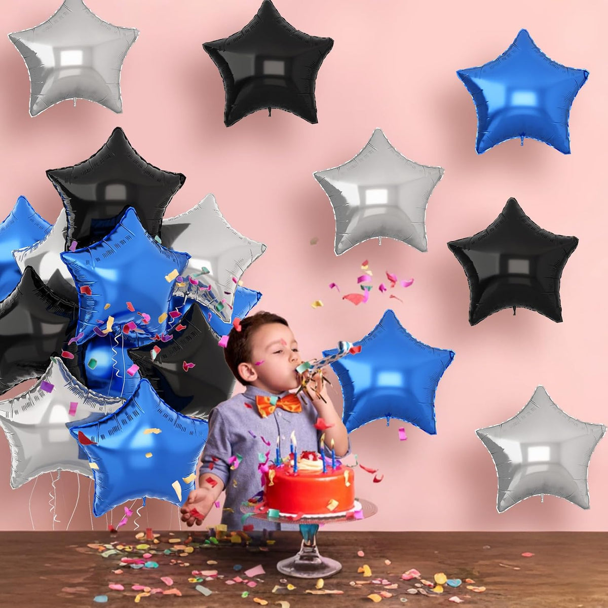 Blue Black Star Balloons Helium, 18Inch Silver and Blue Stars Shape Foil Balloon, 12Pcs Blue