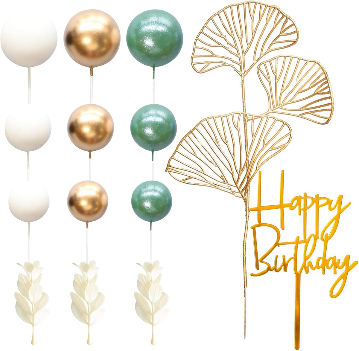 Gyufise 57Pcs Balls Cake Topper Boho Grass Cake topper Pearl Balls Acrylic Happy Birthday Cake