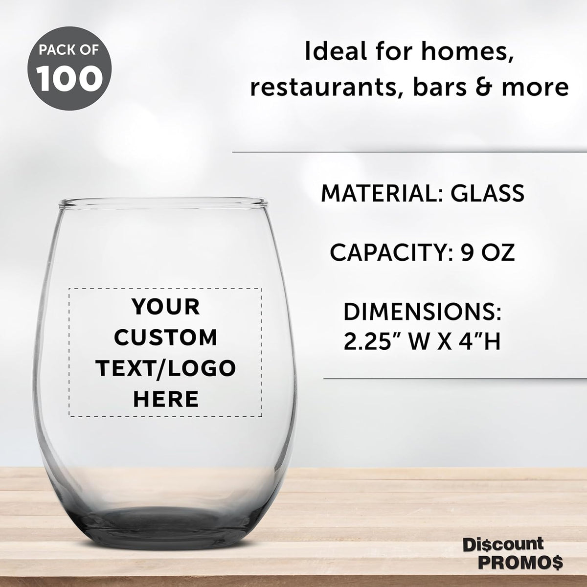 Custom Stemless Wine Glass 9 oz. Set of 100, Personalized Bulk Pack - Great for Wedding Favors