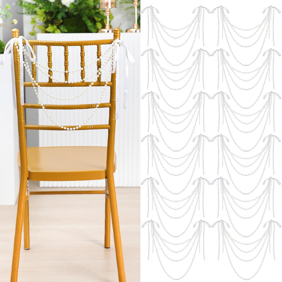 Wedding Pearl Bow Chair Decor Satin Ribbon Bows with Pearl Beaded String Garland Aisle Chair Sashes