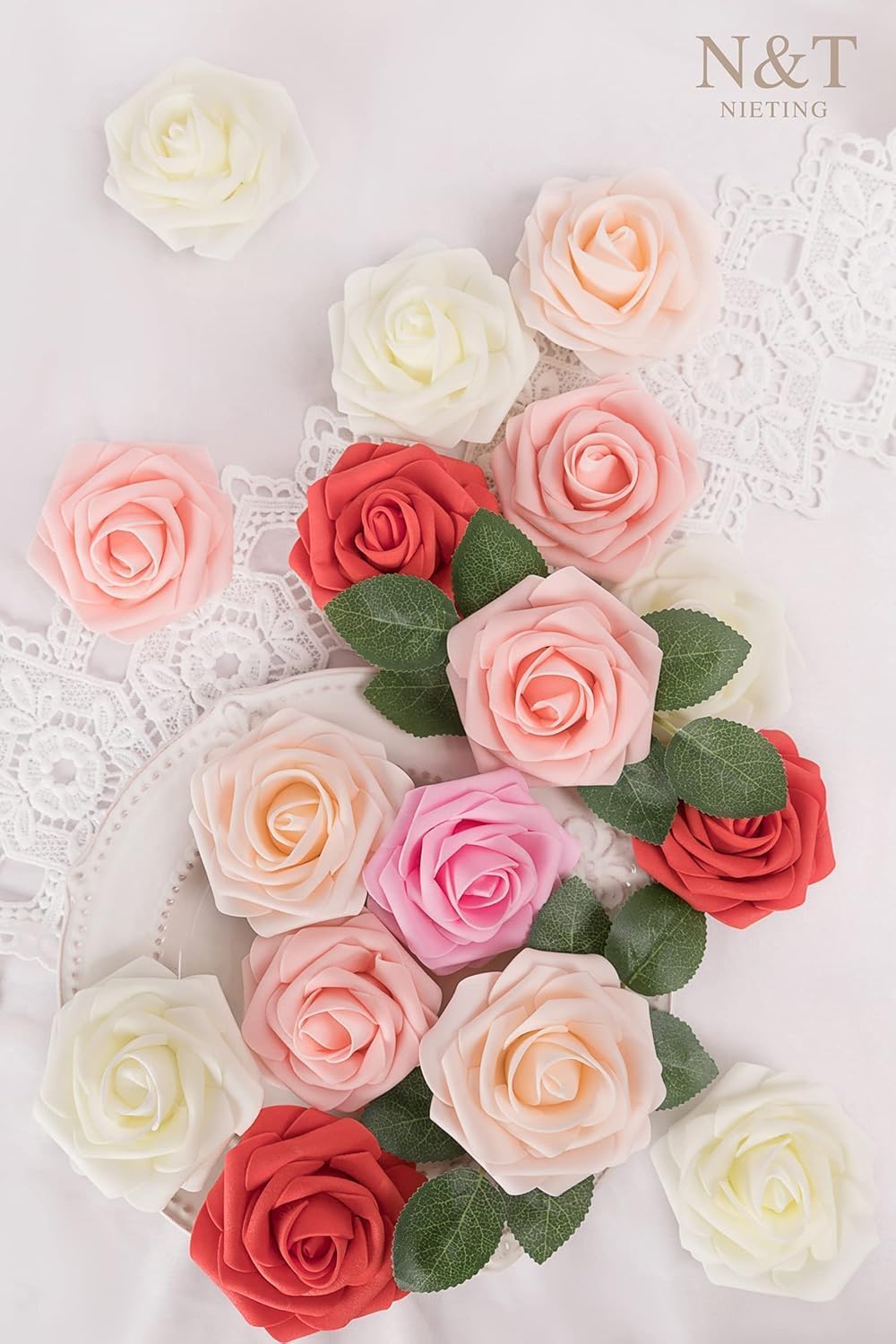 N&T NIETING Artificial Flowers 25pcs Real Looking Artificial Roses with Stems for Valentine's Day