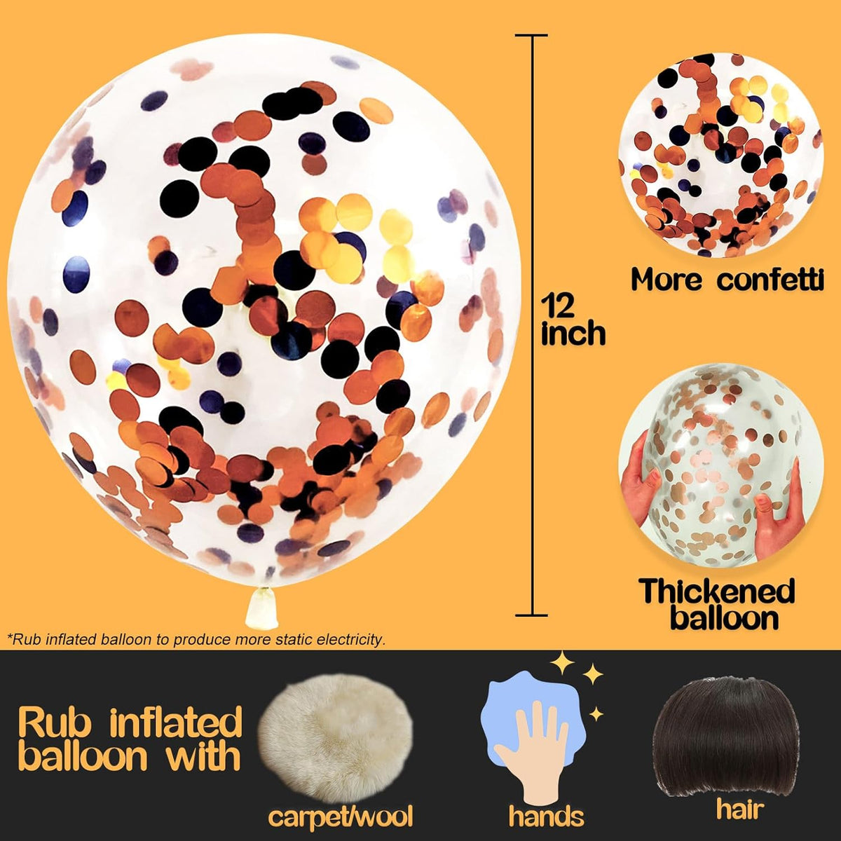 Orange Black Confetti Balloons 25 Pcs, 12 Inch Thickened Clear Latex Balloon with Confetti Inside