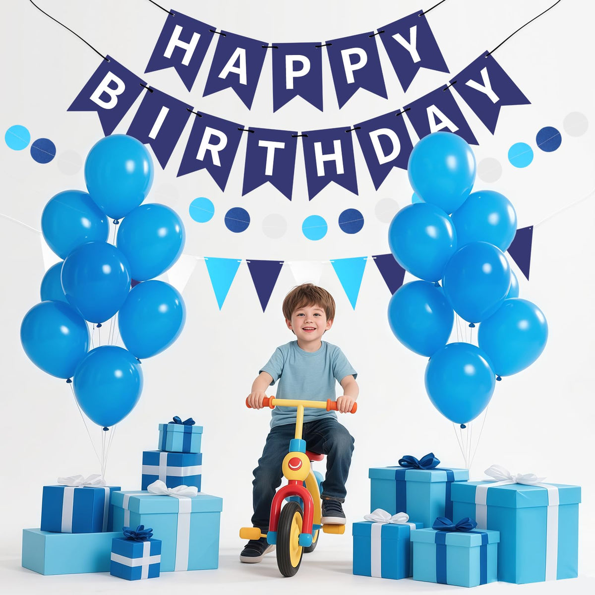 Blue Happy Birthday Banner, Happy Birthday Decorations Hanging Birthday Sign Circle Dot Triangle