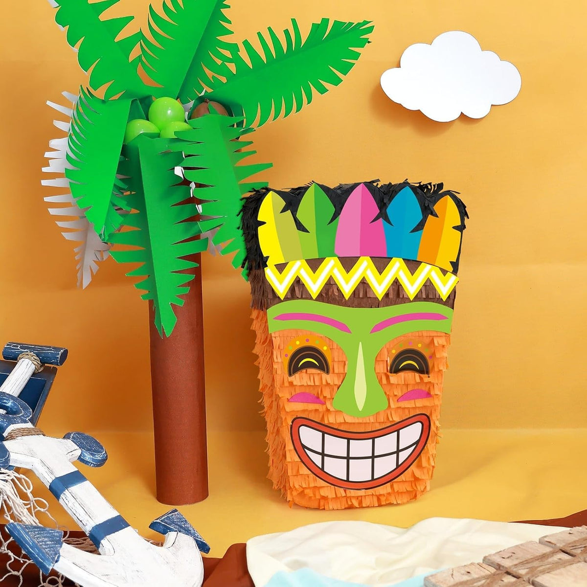 WERNNSAI Tiki Piñata -Tropical Hawaii Piñata with Blindfold and Bat for Girls Boys Kids Piñata
