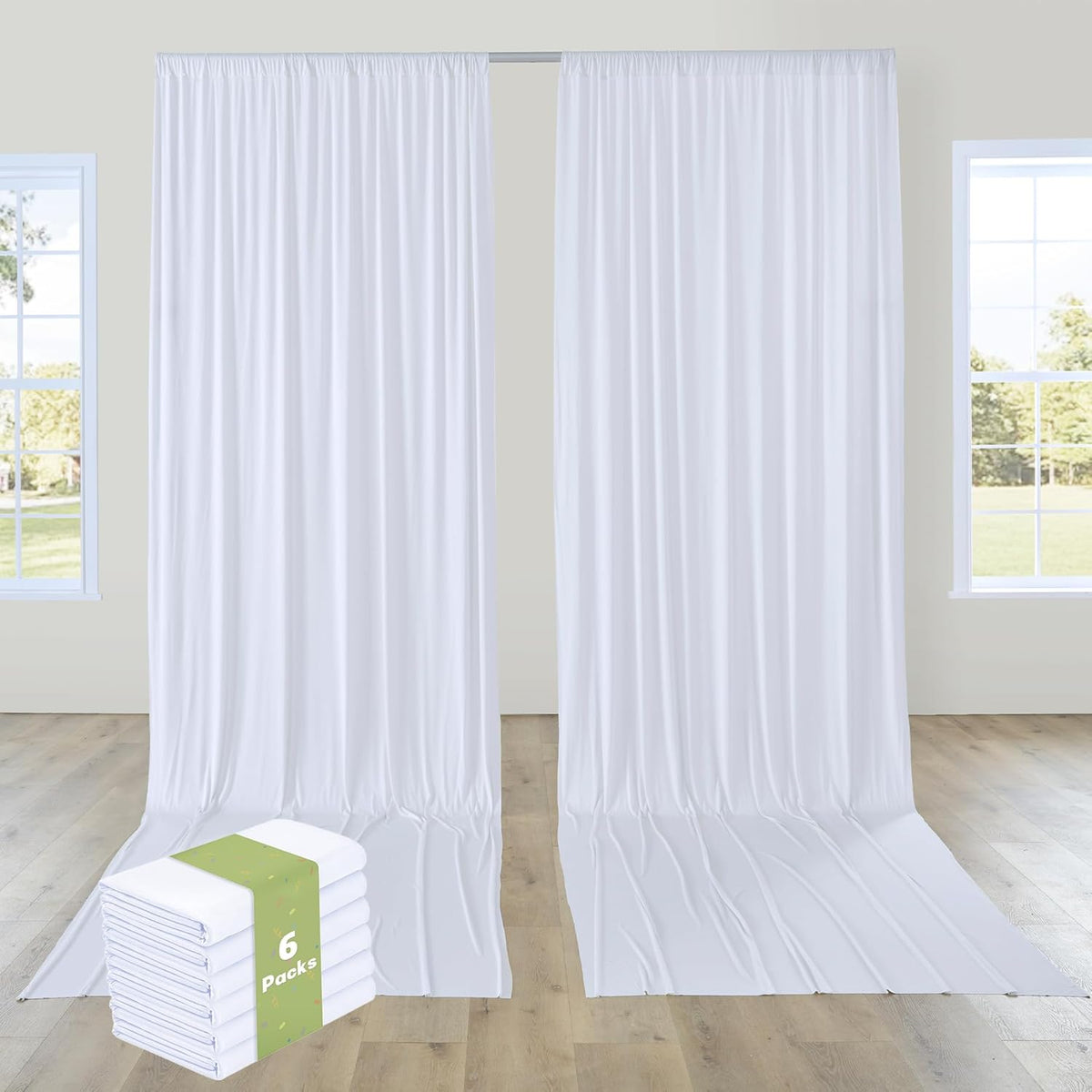 PartyVillage 30ft×15ft White Backdrop Curtain for Wedding Parties, 6 Panels Wrinkle Free 15 FT Long