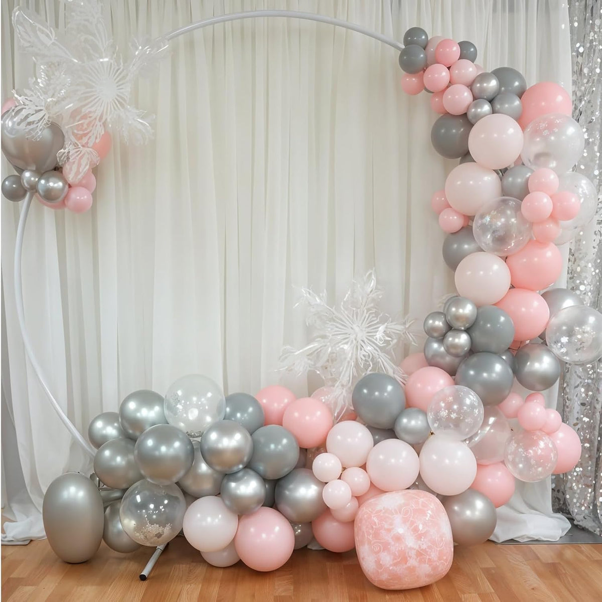 Pink and Silver Balloons, 52 PCS Snowflake Pink and White Balloons, 12 Inch Pink White Silver Pearl