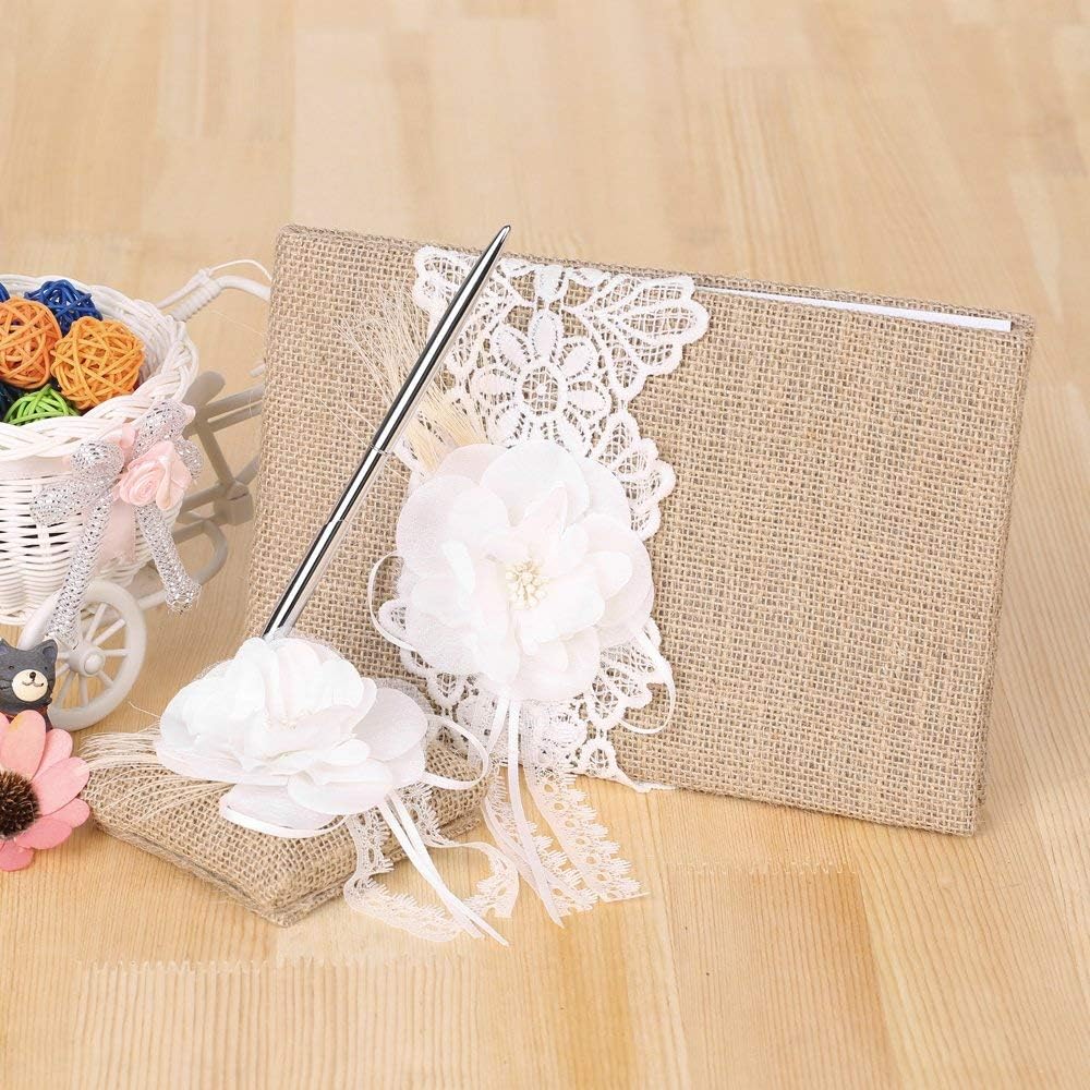 Fbest 4pcs/Set Vintage Rustic Burlap Wedding Supplies Flower Girl Basket + Ring Bearer Pillow +