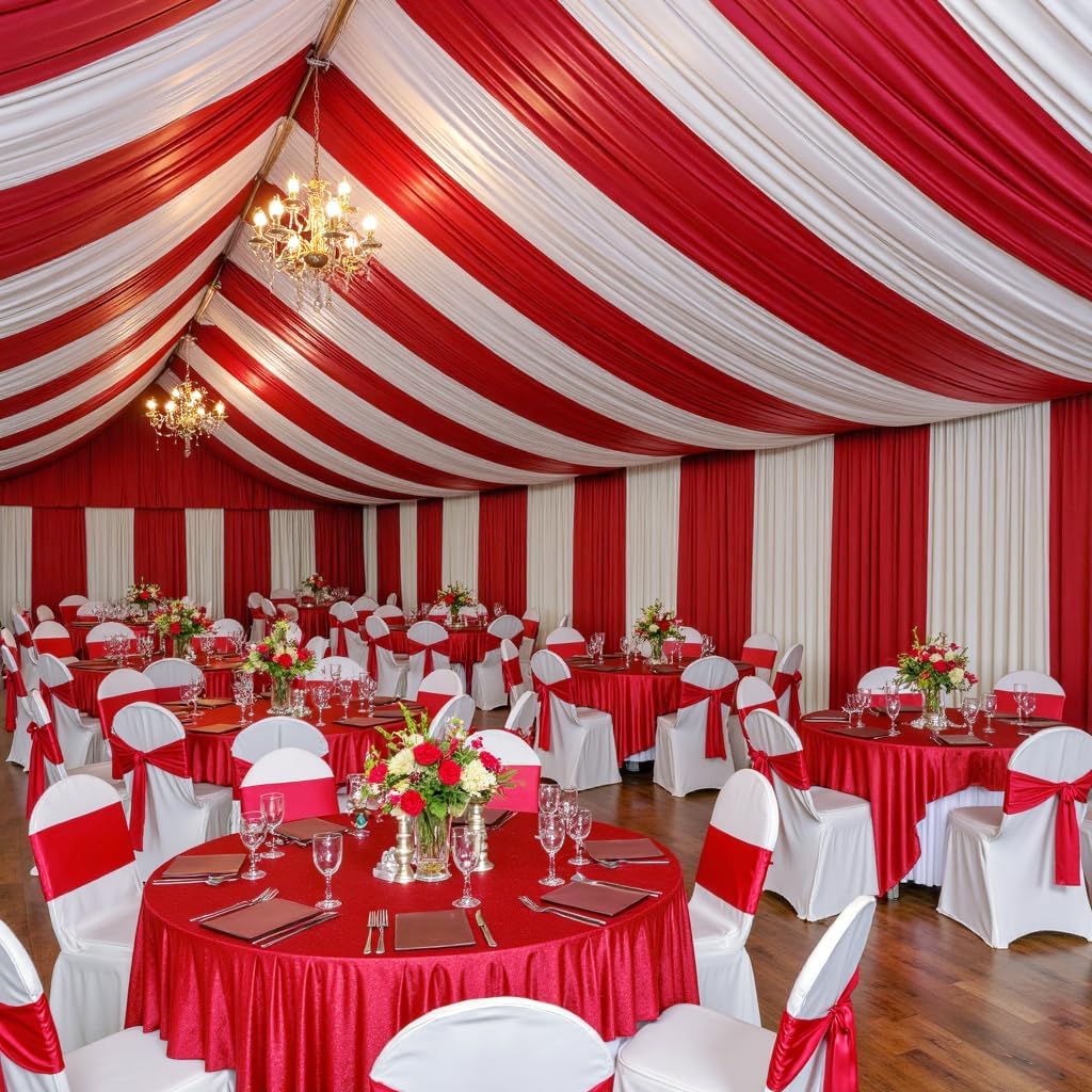 PartyVillage 10 Panels 5ftx30ft Red Ceiling Drapes for Wedding Parties – 30 FT Extra Long Thick