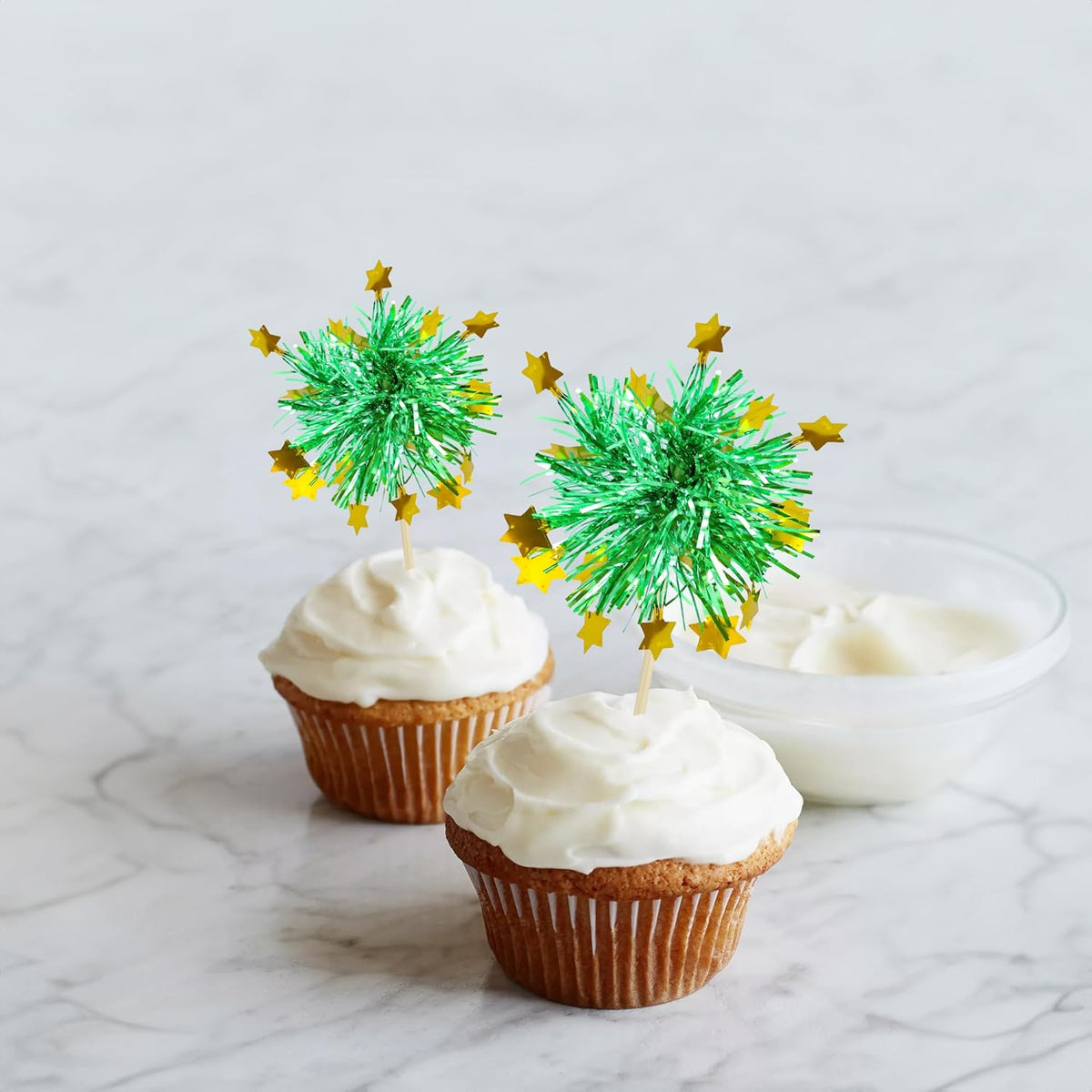 Ephlyn 30Pcs Foil Firework Cupcake Toppers Happy Birthday Cake Toppers Tinsel Flower Drink Stirrers