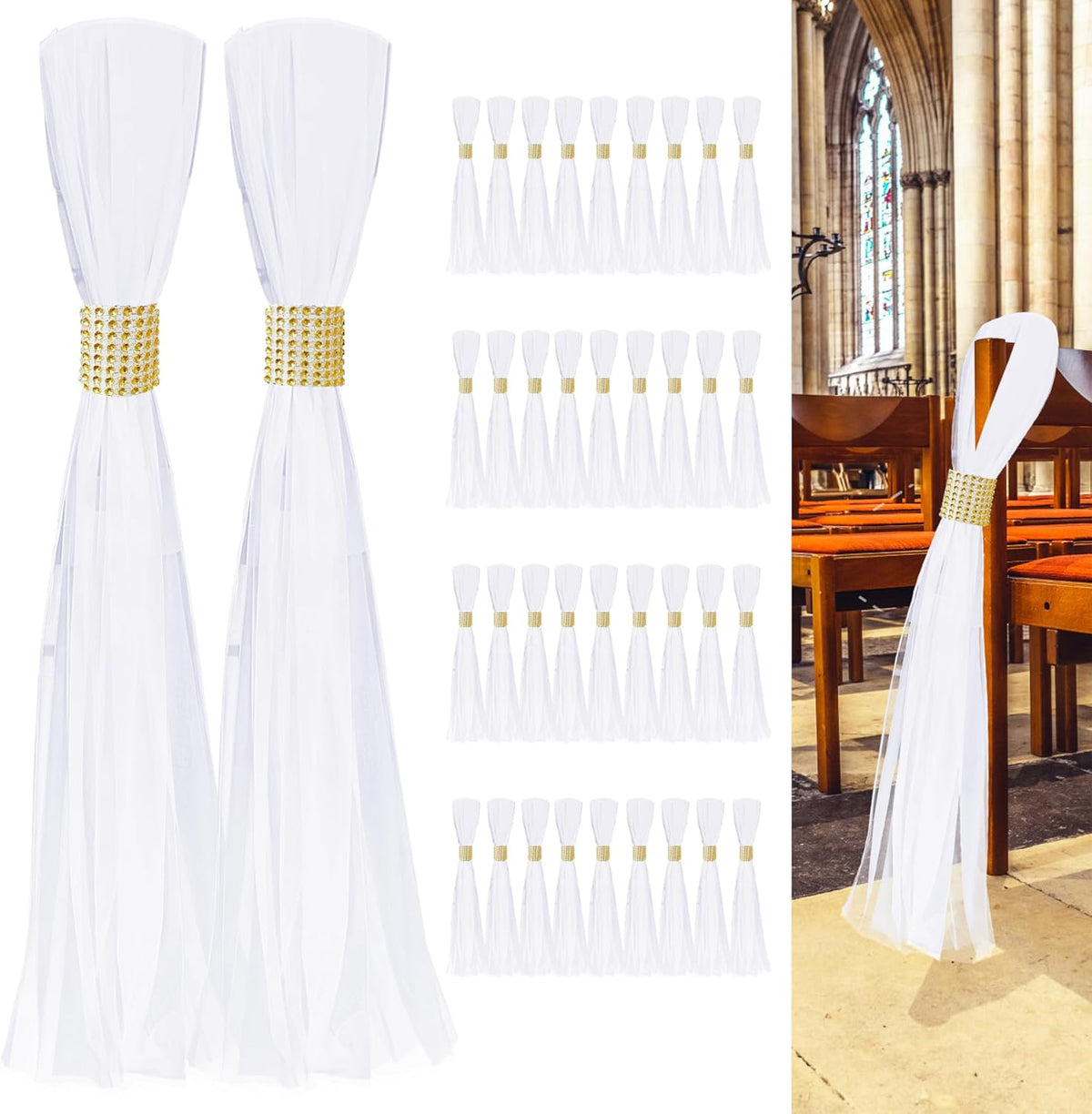 Large White Pew Bows Tulle Wedding Aisle Chair Decorations, Extended Church Pew Decor Aisle Flowers