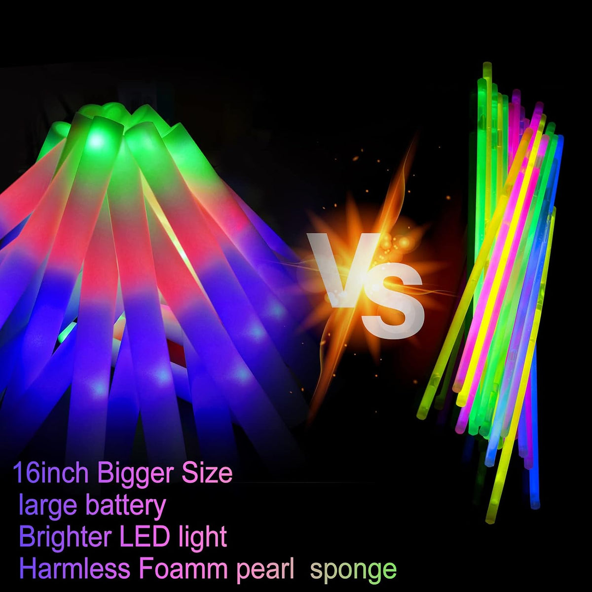 LifBetter 58Pcs Foam Glow Sticks Bulk,Led Glow Sticks with 3 Modes Colorful Flashing,Long Life