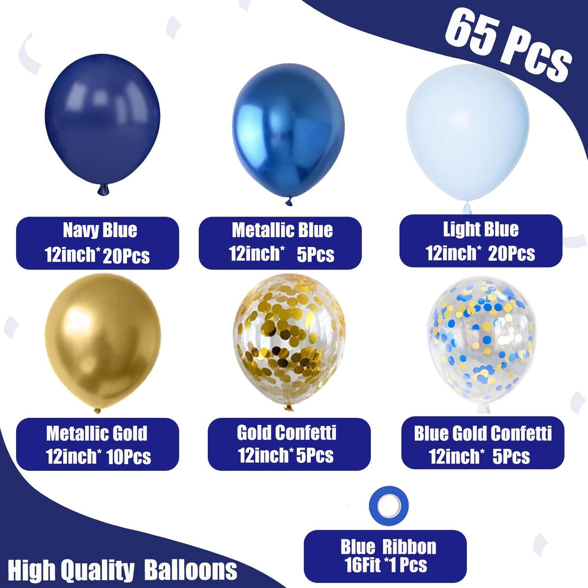 Blue and Gold Balloons,65pcs 12 inch Navy Blue Balloon Metallic Blue Gold Confetti Balloons for