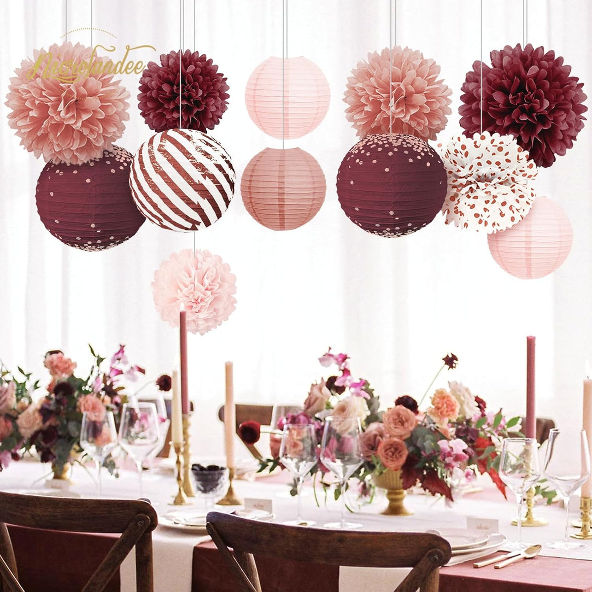 NICROLANDEE Burgundy Party Decorations 12PCS Hanging Paper Lanterns Tissue Pom Poms Decor for