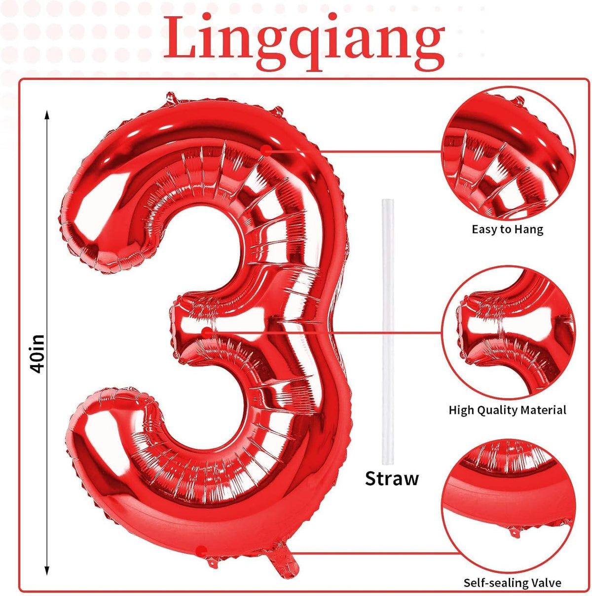 Red Number Balloons, 40 inch Large Number 3 Foil Mylar Helium Balloons for Girls Women, Self