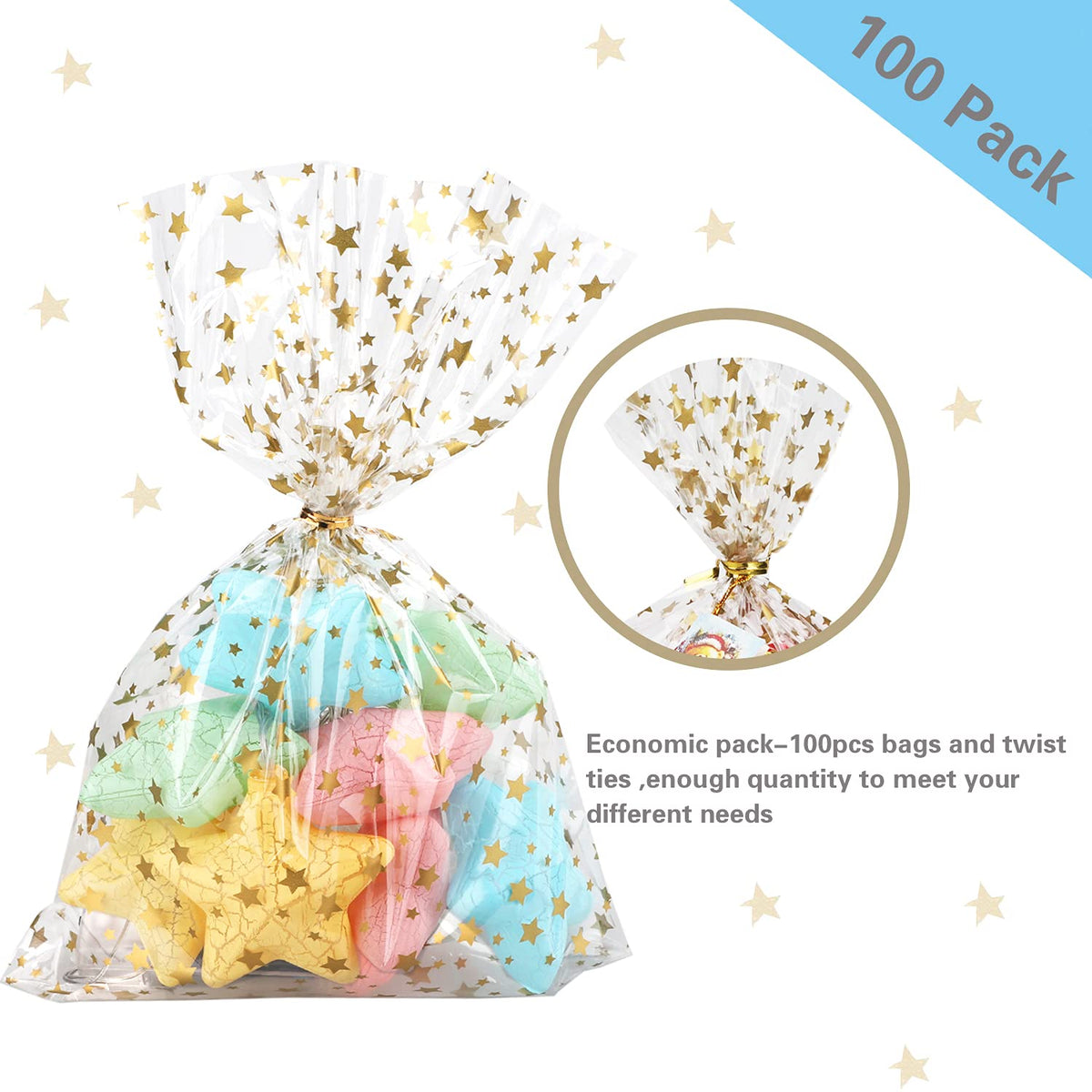 COQOFA 100 Pcs Star Printed 5"X 7" Gift Wrap Cello Cellophane Treat Bags Party Favor bags Clear