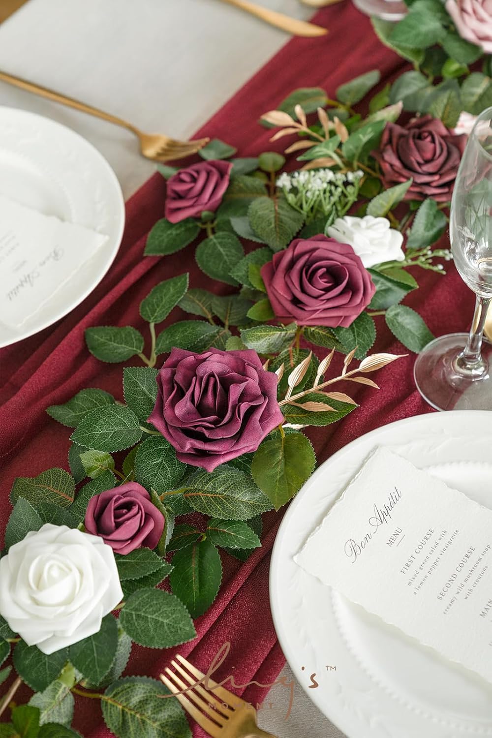 Ling's moment 5FT Burgundy Artificial Flower Garland Dusty Rose Leaves Floral Garland Arch Flowers