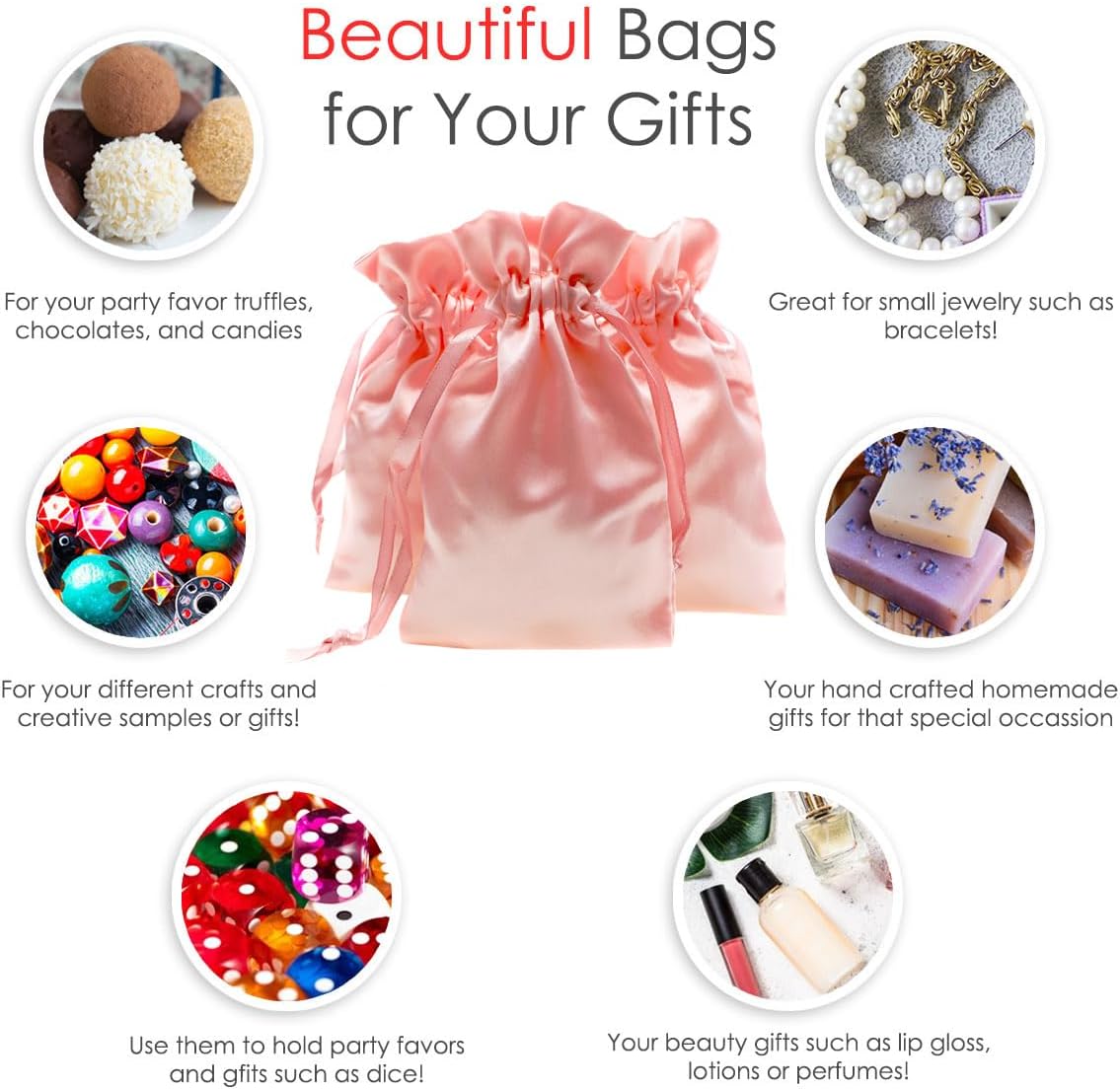 4" x 6" Pink Champagne Satin Gift Bags, Jewelry Bags, Wedding Favor Drawstring Baby Shower
