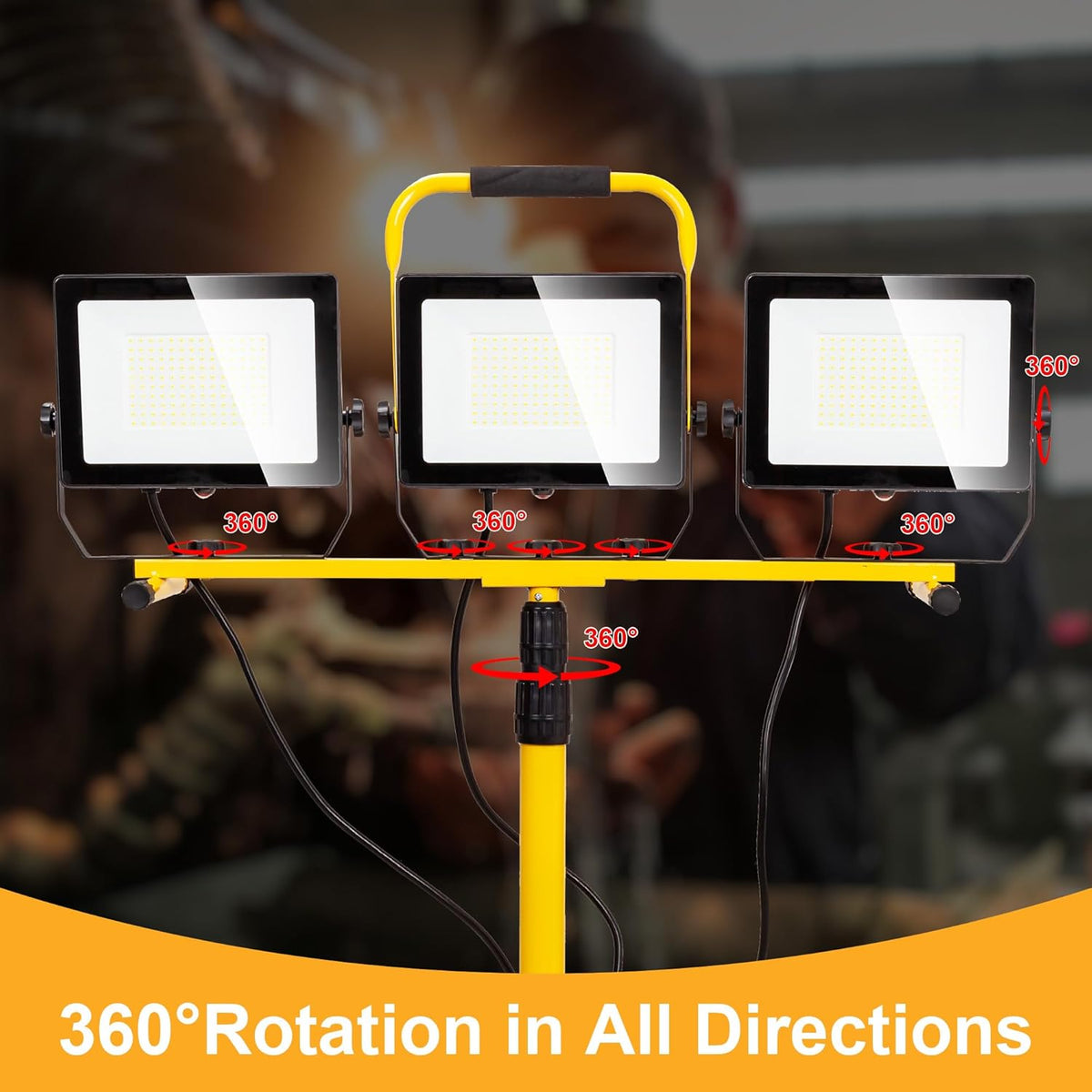 LED Worklights 60000Lumen, 3 Head 600W Work Light, Portable, with Stand, with 13.5FT Cord, IP66