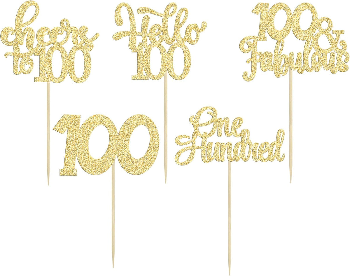 30pcs Happy 100th Birthday Cupcake Toppers - Gold Glitter One Hundred Cheers to 100 Years Old