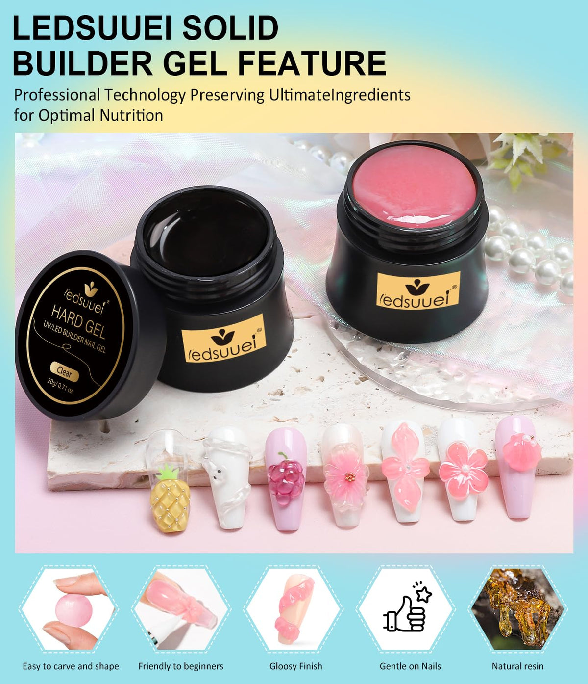 Solid Builder Gel for Nails LEDSUUEI - 2 Color Clear Pink 3D Nail Gel Sculpting Non-Sticky Hand