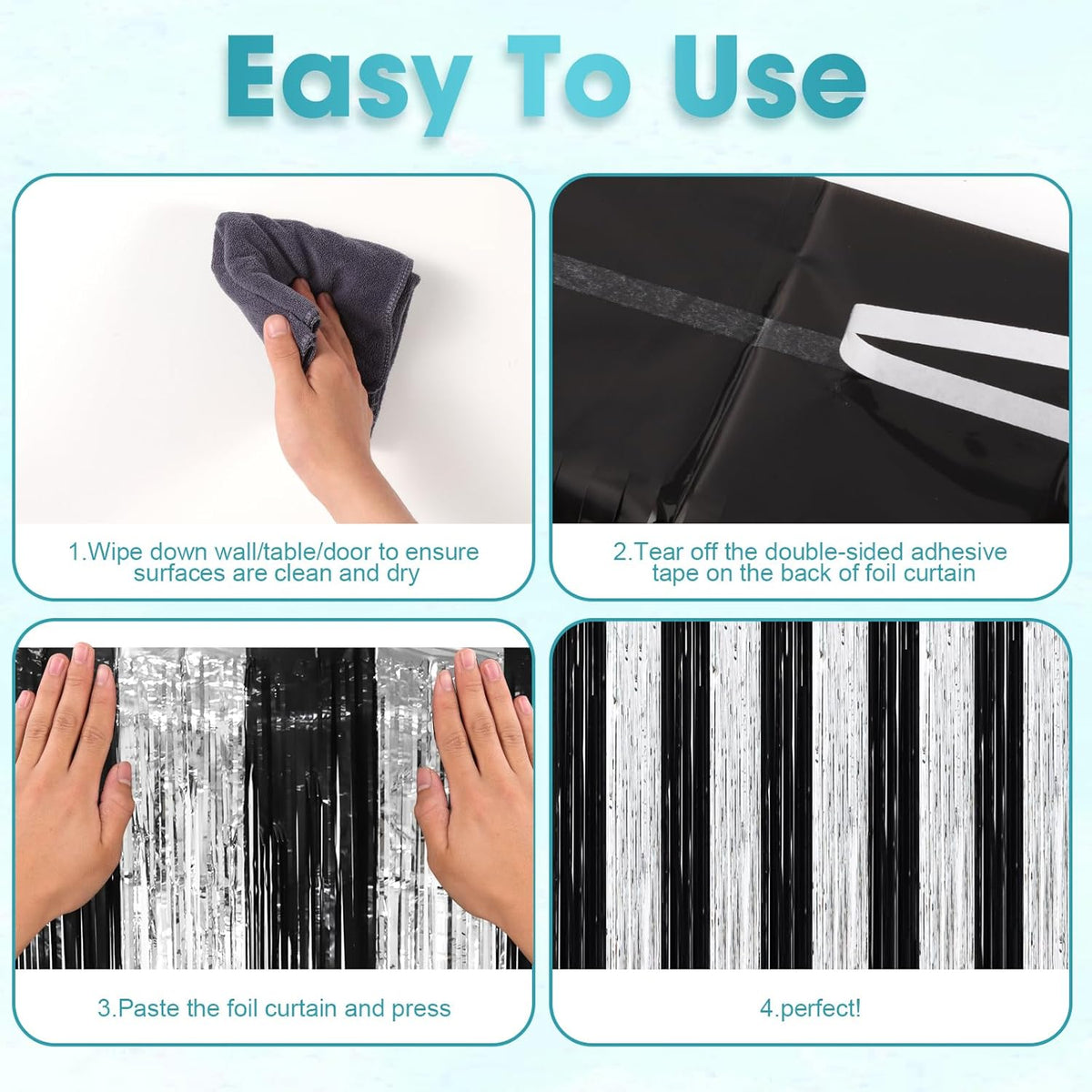 3 Pack 3.3 x 8.2 ft Black and Silver Foil Fringe Backdrop Curtains, Tinsel Streamers Party