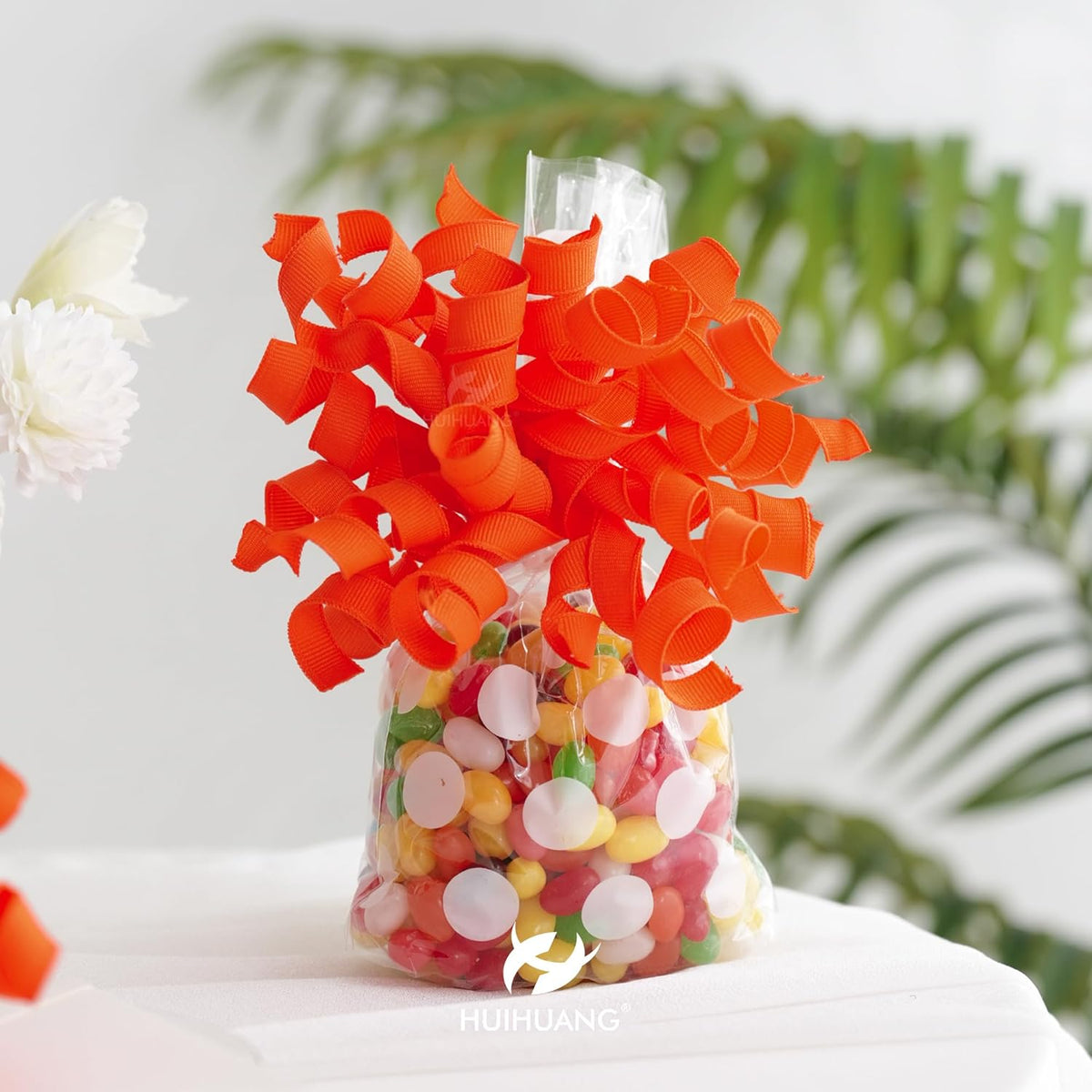 HUIHUANG Curly Ribbon Bows for Gift Wrapping, Orange Gift Bows Self Adhesive Burst Gift Bows for