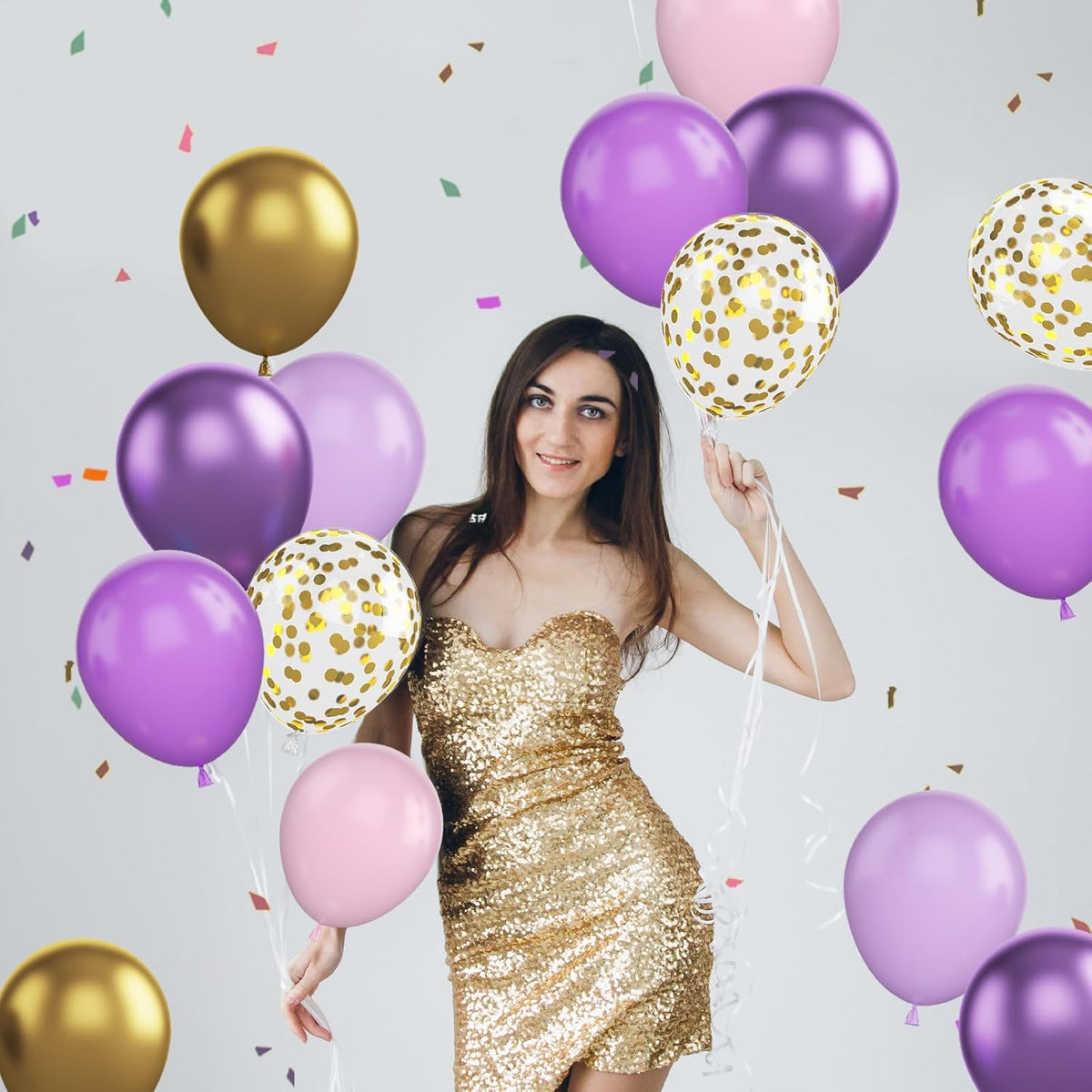Pink and Purple Balloons, 60Pcs Pastel 12 Inch Metallic Gold Confetti Latex Balloons for Girls