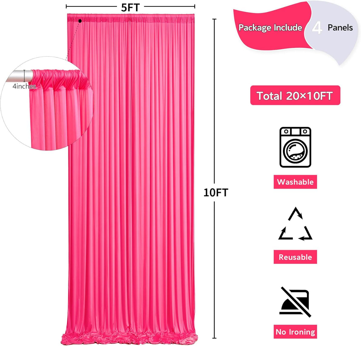20 ft x 10 ft Wrinkle Free Fuchsia Backdrop Curtain for Parties, 4 Panels Polyester Hot Pink Photo