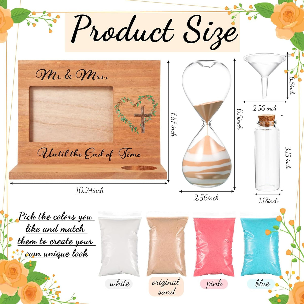Blosssound Wedding Sand Ceremony Set Wooden Photo Frame, Hourglass Funnel, Sand, Glass Bottles, Mr