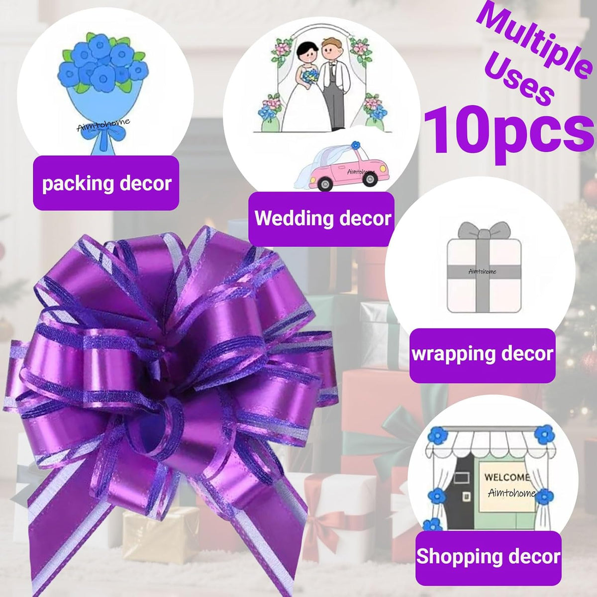 Small Pull Bows, 10 PCS 4 Inch Purple Gift Bows for Wrapping,Basket, Wedding,Birthday Party,Flower