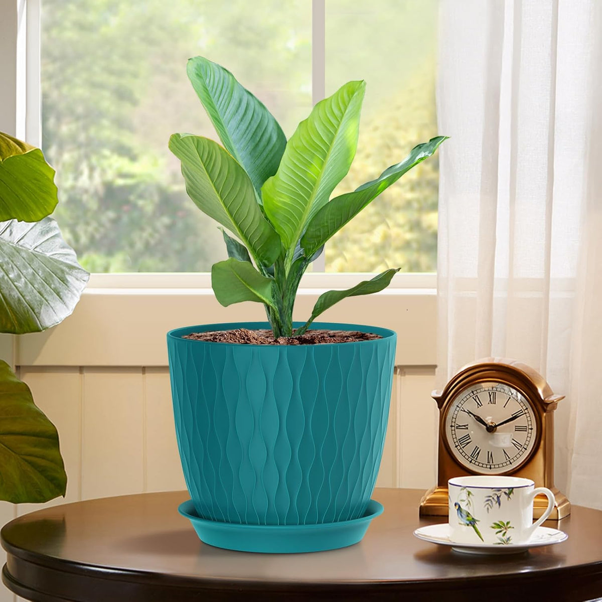 7 inch Flower Pots, 5 Pack Plant Pots with Drainage Holes and Saucers for Indoor Plants, Plastic