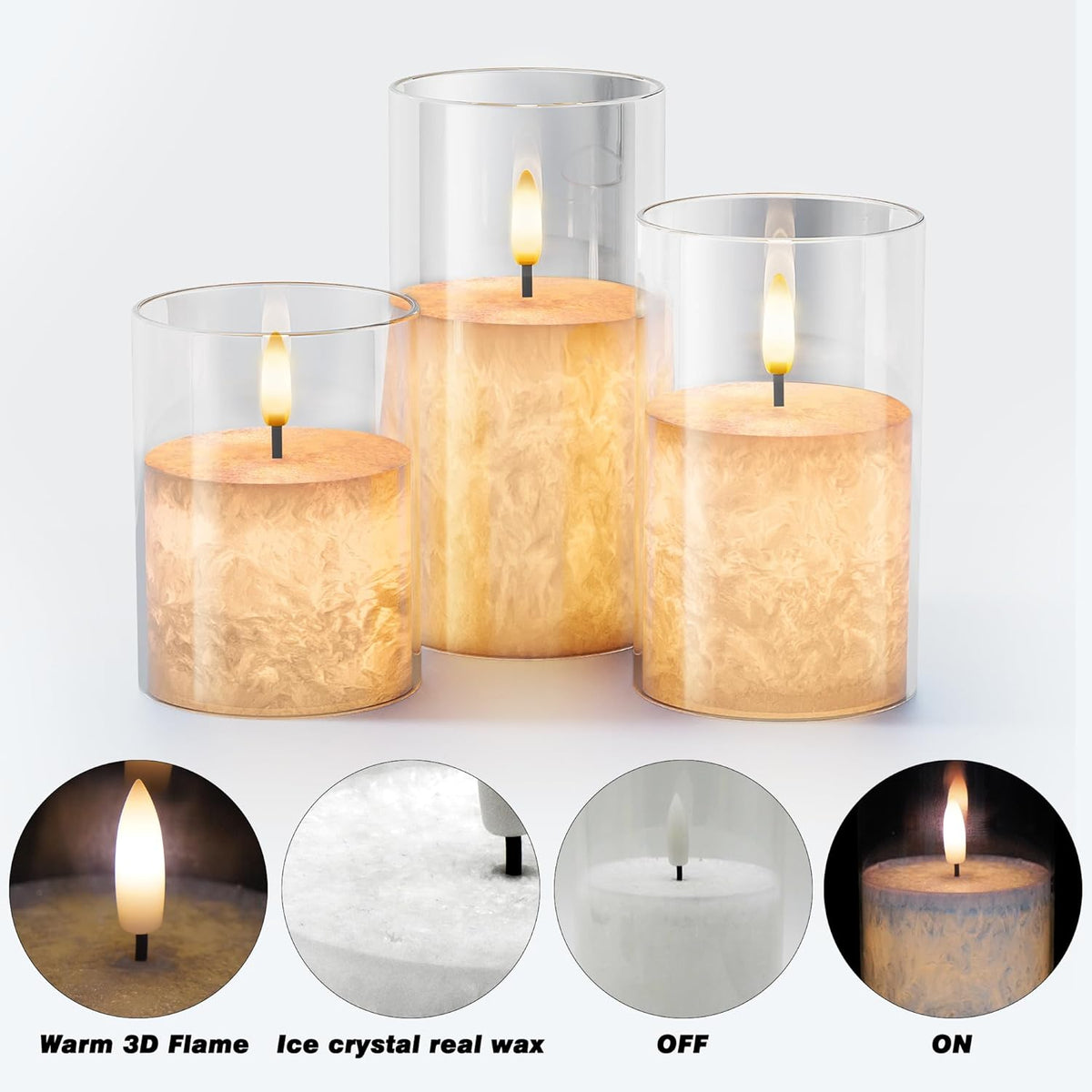 Ice Crystal Real Wax Glass Flameless Candles with Remote & Timer, Battery Operated Candles with