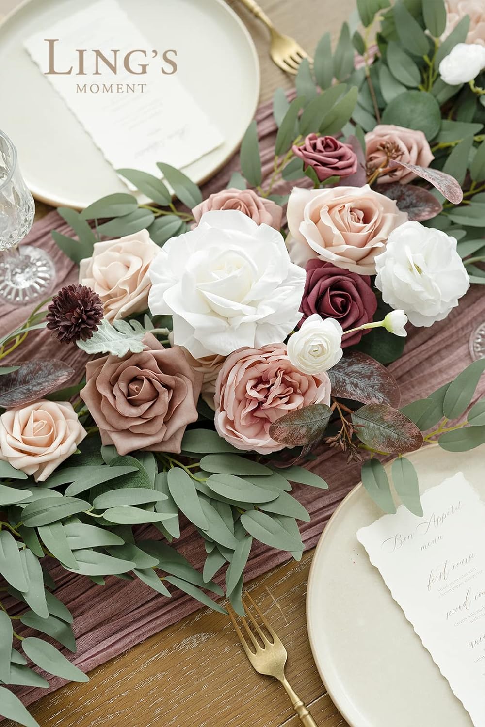 Ling's Moment Pink Flower Garland - 6FT Eucalyptus & Rose - Sweetheart Table Decor for Wedding