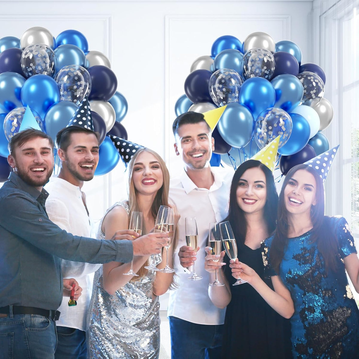 60pcs Blue and Silver Balloons 12inch with Navy Blue Pastel Blue Silver Confetti Balloons for