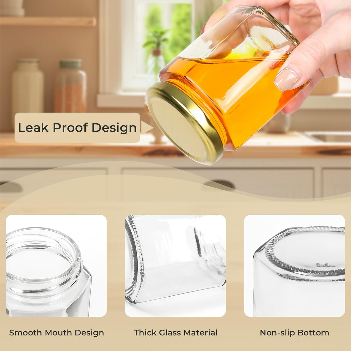 6 oz Hexagon Glass Jars with Gold Lids, 30 Pcs Canning Jars for Jam, Honey, Jelly, Candy, Candle