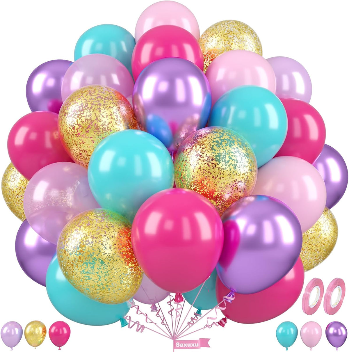 Teal Pink Purple Balloons, 12 Inch Princess Balloons, Pastel Pink Teal Purple Metallic Gold