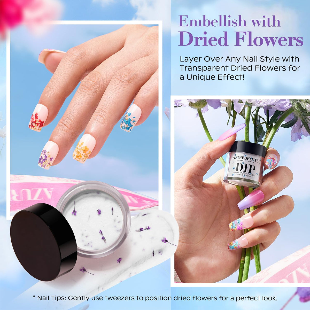 AZUREBEAUTY Dip Powder Nail Transparent Crystal Dried Flower Set, Blue Green Purple Pink Yellow 6