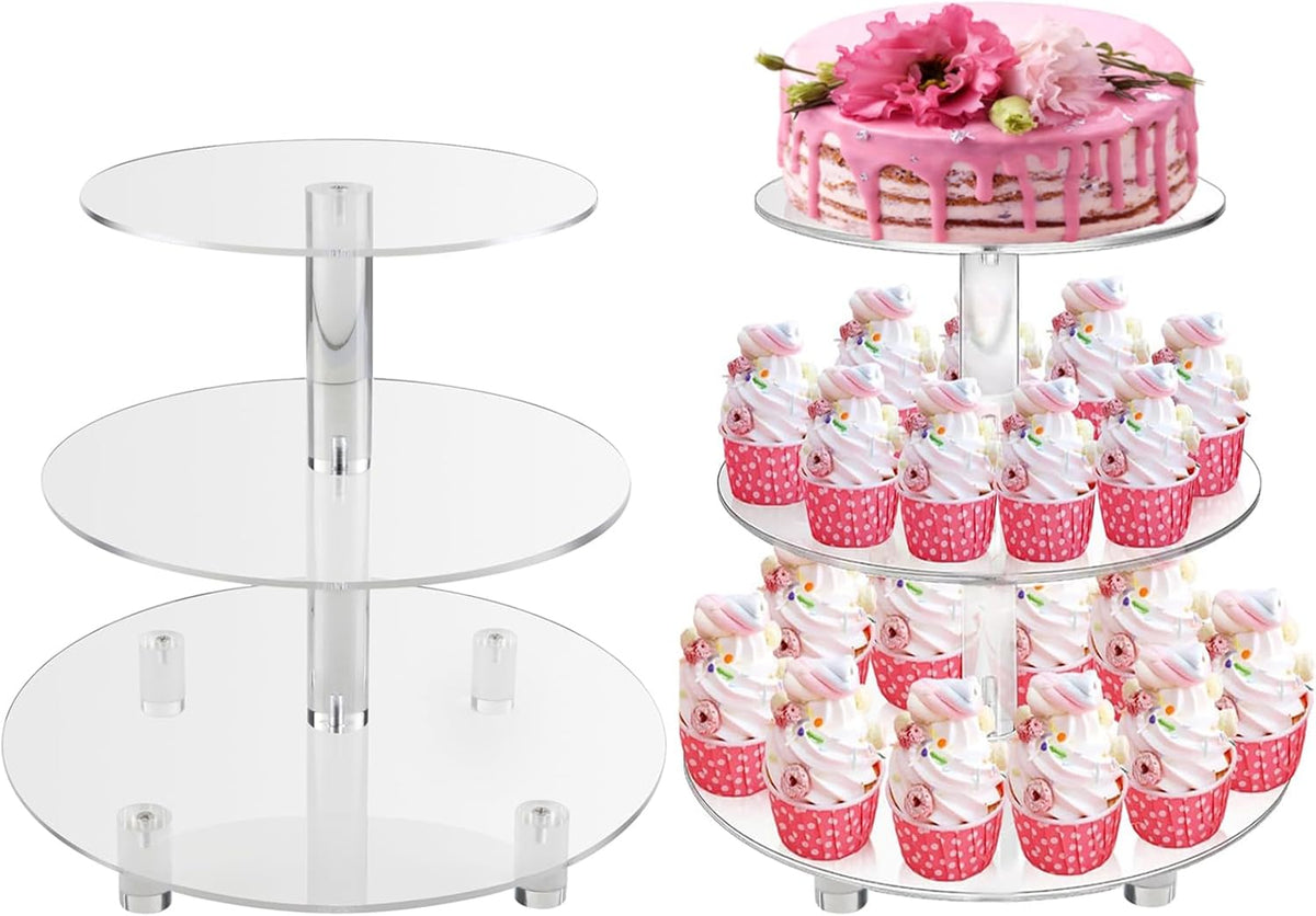 3 Tiers Round Cupcake Stand, Acrylic Cake Tower Stand Holder Macaron Display Rack Cookie Candy