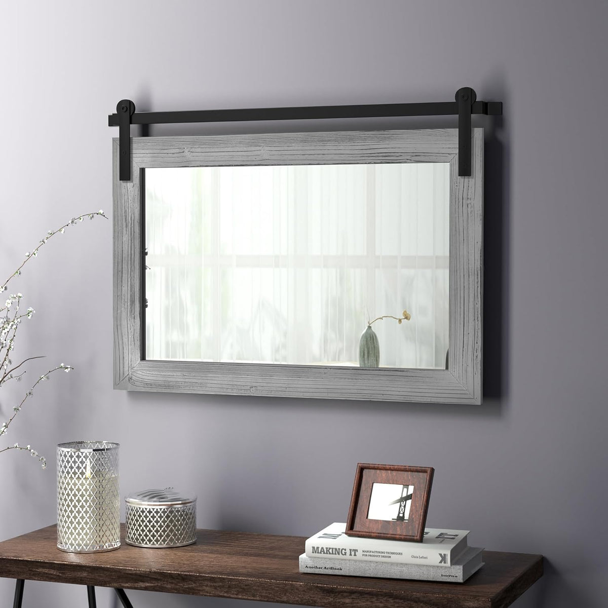COGOOD Farmhouse Bathroom Mirror - 41" x 30" Rustic Barn Door Mirror for Living Room, Entryway