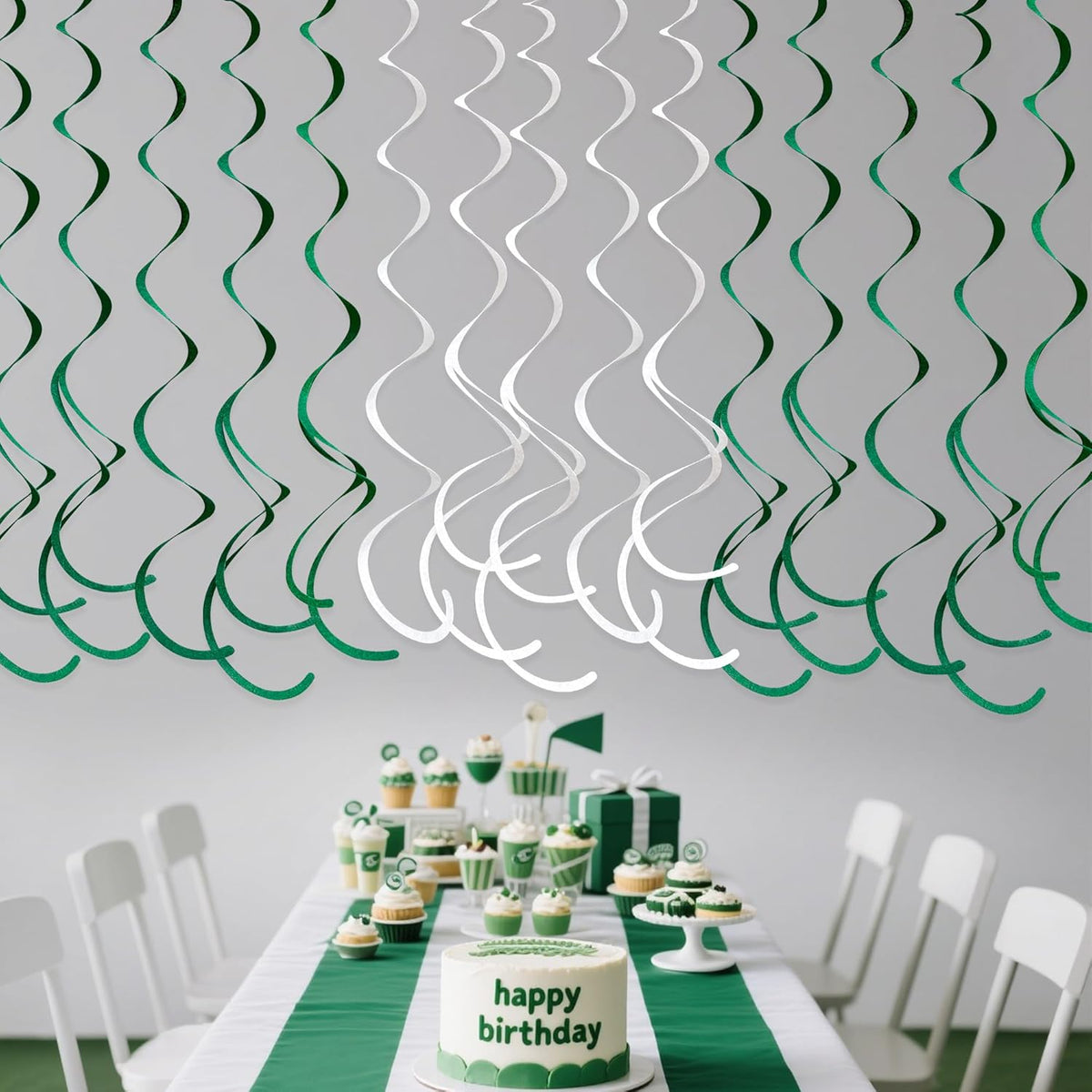 36 Pcs Green White Hanging Swirl Decorations Felt Swirl Streamer Spiral Ceiling Garland for