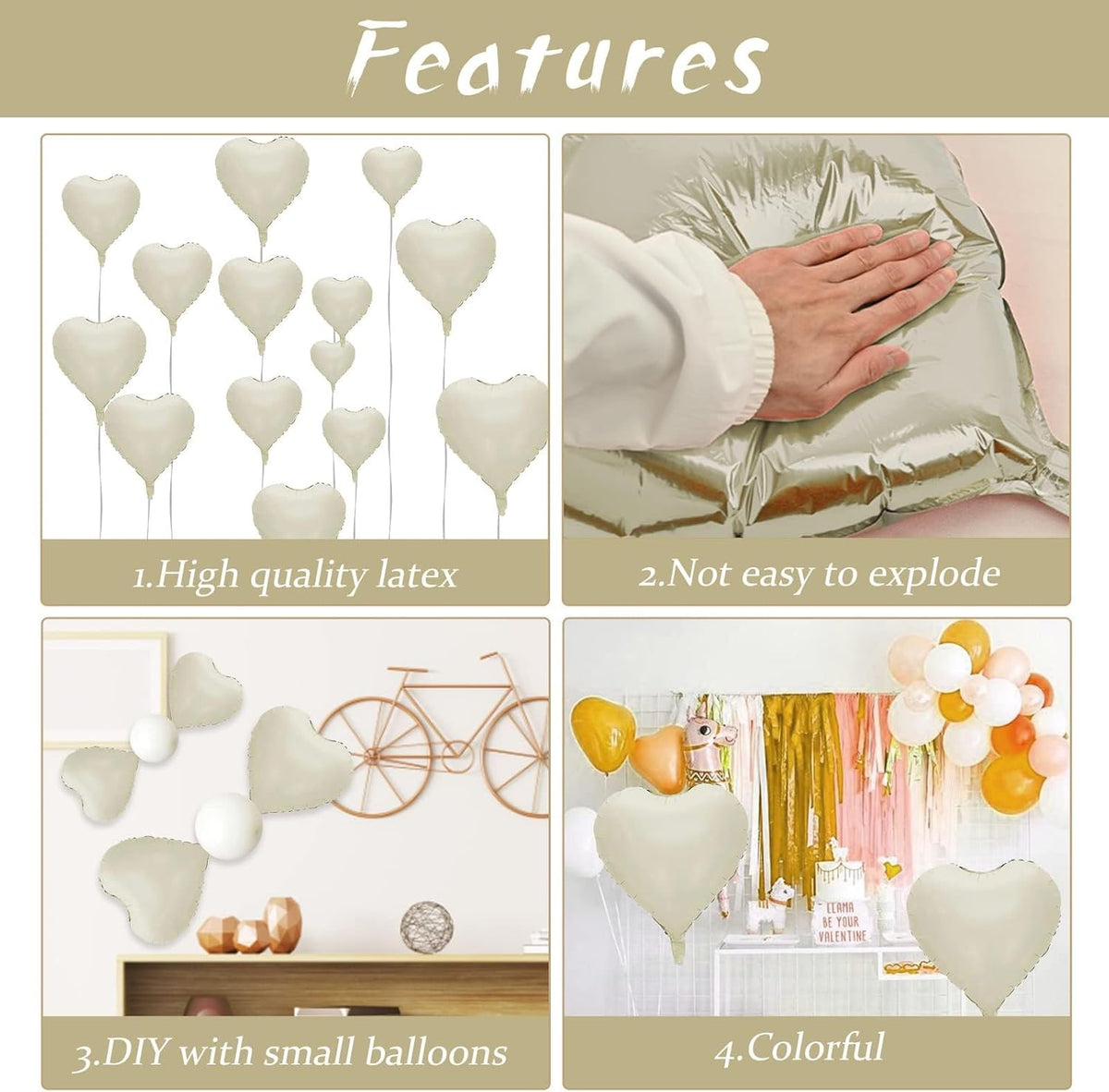Cream Heart Balloons, 10PCS Cream White Foil Heart Shape Balloons, 18inch Beige Foil Valentine