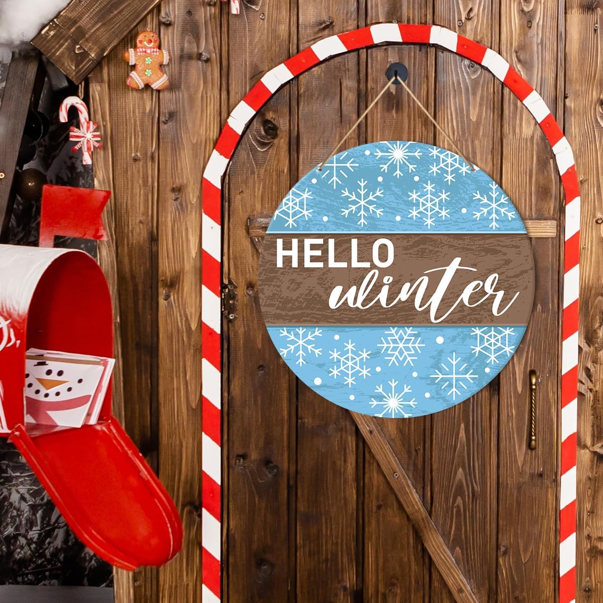 Muktoujaumai Hello Winter Sign Front Door Decor, Christmas Round Hanging Sign Decor Farmhouse