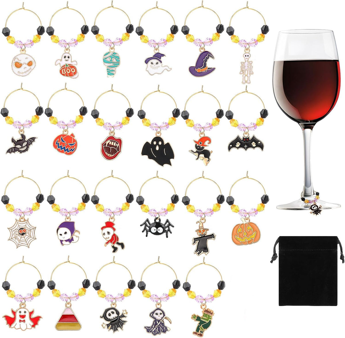 SANNIX 24Pcs Halloween Wine Charms, Wine Charms for Stem Glasses, Glass Identifiers for Halloween