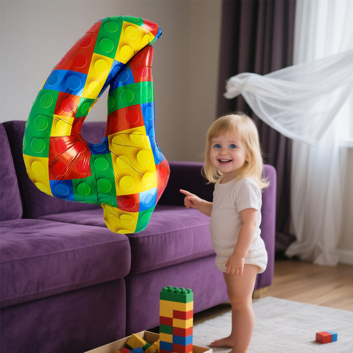 32 Inch Stackable Block Number Balloon – Colorful Brick Building Themed Big Helium Digits for Kids