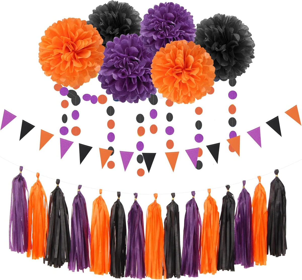 Black Purple Orange Halloween Party-Decorations - 23pcs Tissue Pom Poms Streamers,Tassel Garland
