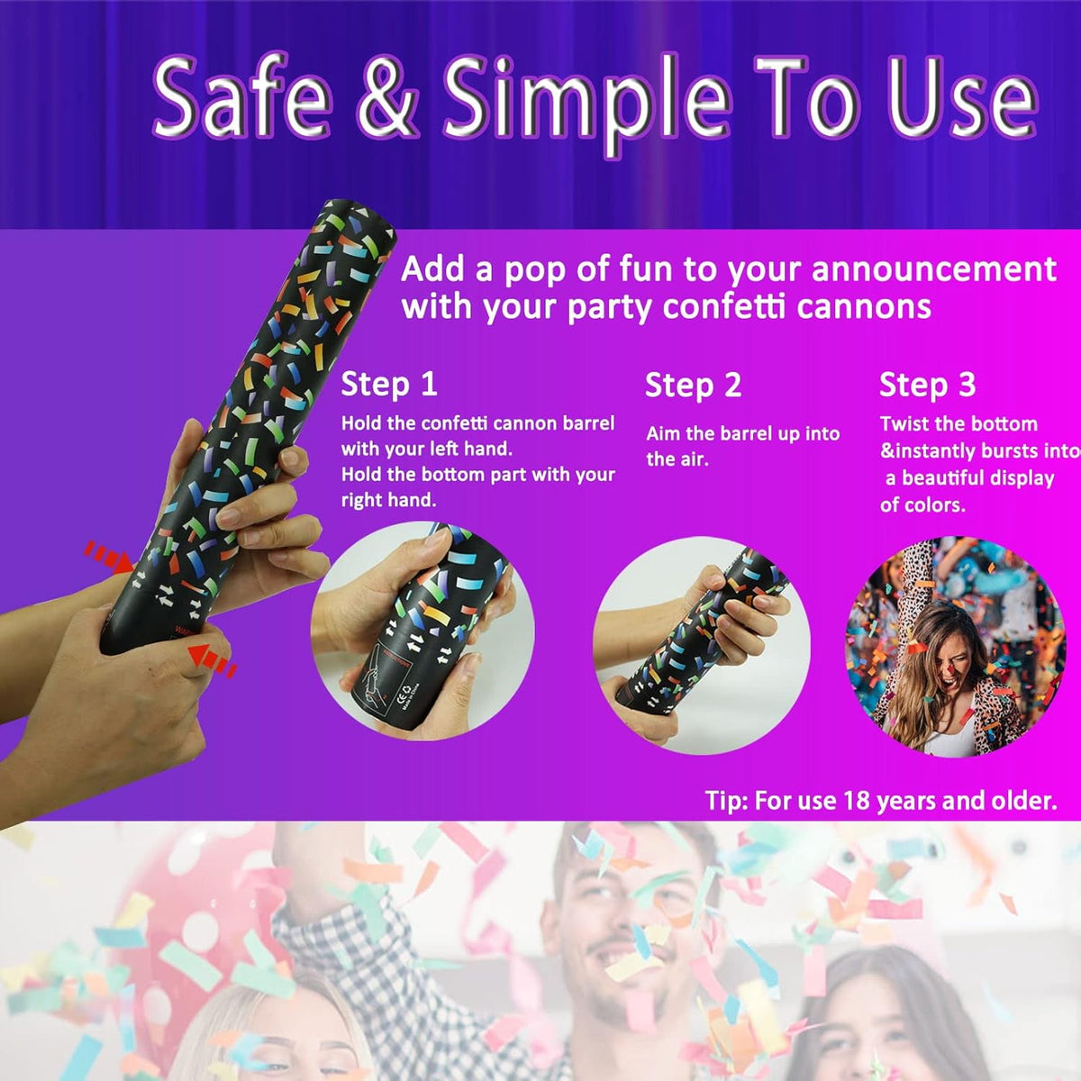 Biodegradable Confetti Cannon 6 Pack Multicolor Party Popper Shooters,12 Inch Large Confetti Cannon