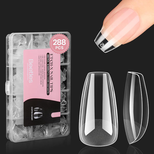 Beetles Gel Nail Tips Short Coffin Pre-Etched Nail Tips, 12 Sizes 288 Pcs Full Cover Soft Tips Half