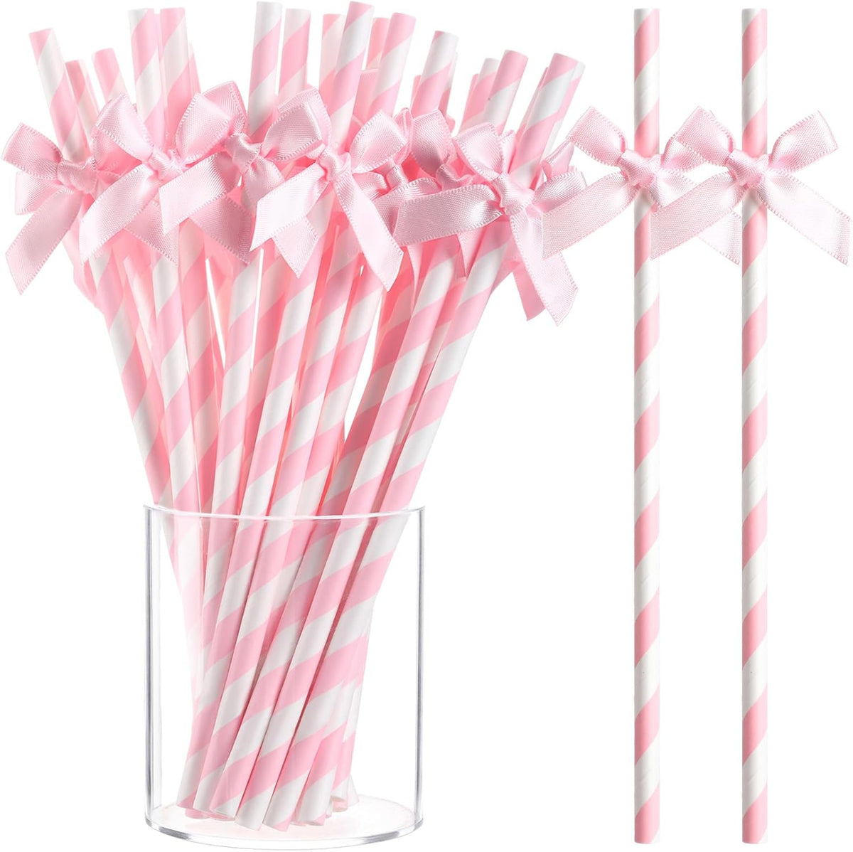 100 Pcs Pink Paper Straws for Drinking, Bow Disposable Striped Paper Straws Bulk Pink Theme