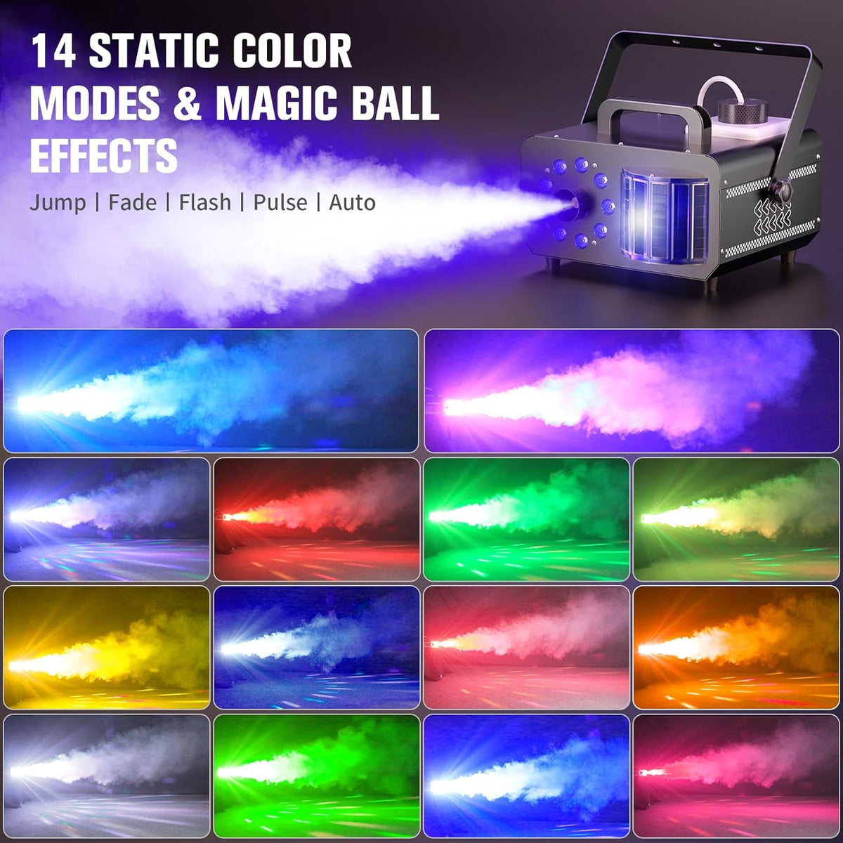 Fog Machine with 9 RGBW LED Lights, 1200W Professional Smoke Machine, 1L Tank, 3000CFM Output, 14